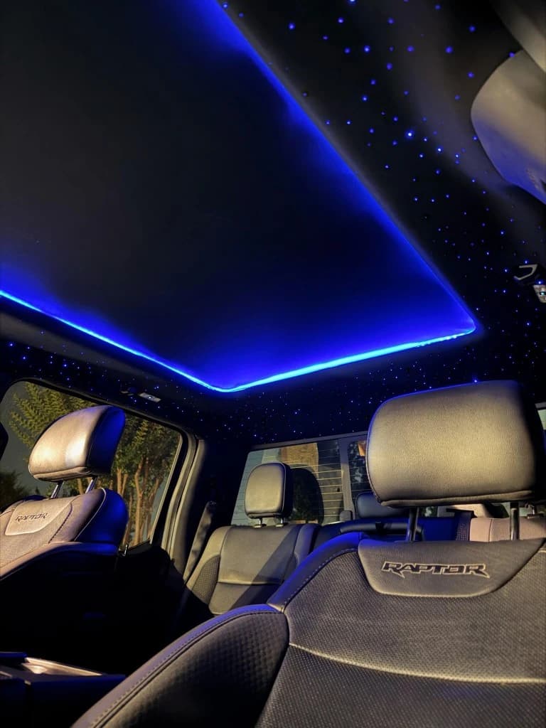 Ford Raptor interior with blue starlight headliner